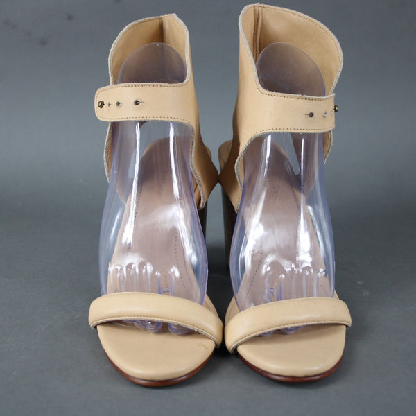 Vintage Century Sz 38 Tan Ankle Strap Open Toe Leather 4" Bohemian Heel