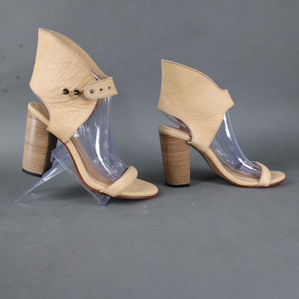 Vintage Century Sz 38 Tan Ankle Strap Open Toe Leather 4" Bohemian Heel