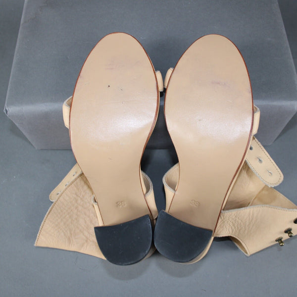 Vintage Century Sz 38 Tan Ankle Strap Open Toe Leather 4" Bohemian Heel