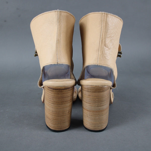 Vintage Century Sz 38 Tan Ankle Strap Open Toe Leather 4" Bohemian Heel