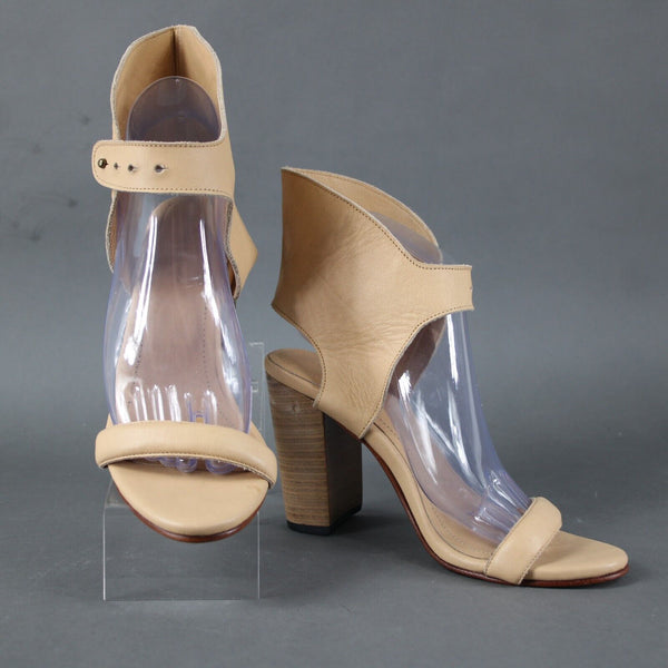 Vintage Century Sz 38 Tan Ankle Strap Open Toe Leather 4" Bohemian Heel