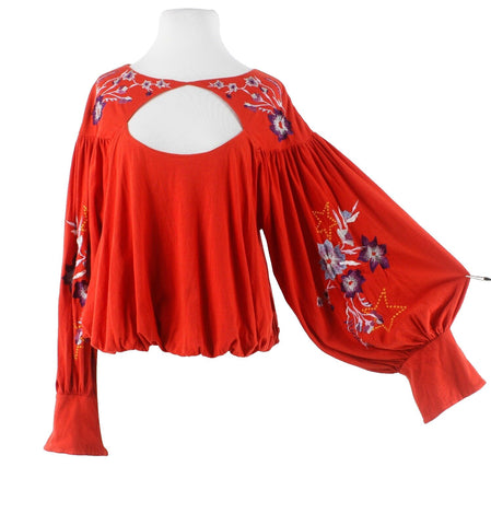 Free People Sz SP Red Purple Multi Embroidered Key Hole Boho Cotton Blend Top
