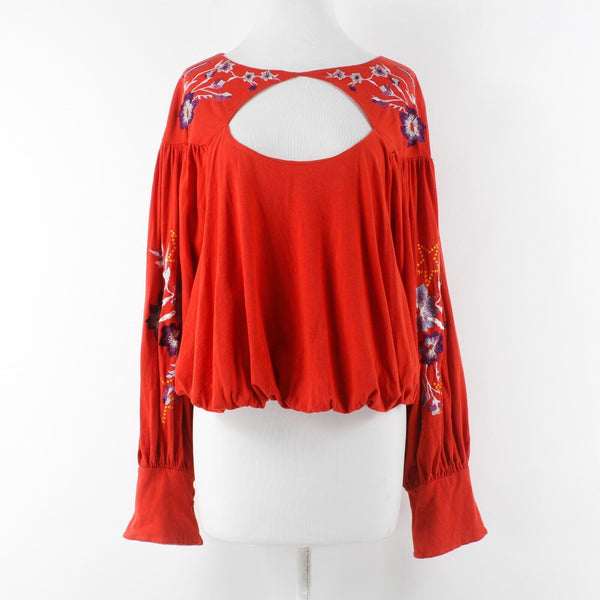 Free People Sz SP Red Purple Multi Embroidered Key Hole Boho Cotton Blend Top