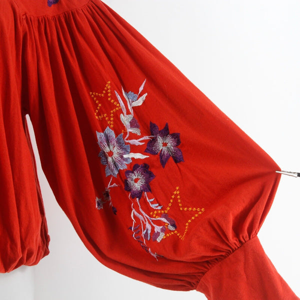 Free People Sz SP Red Purple Multi Embroidered Key Hole Boho Cotton Blend Top