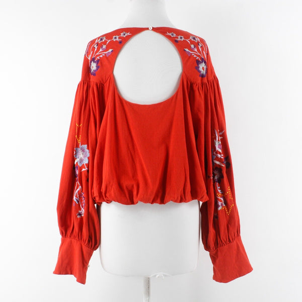 Free People Sz SP Red Purple Multi Embroidered Key Hole Boho Cotton Blend Top
