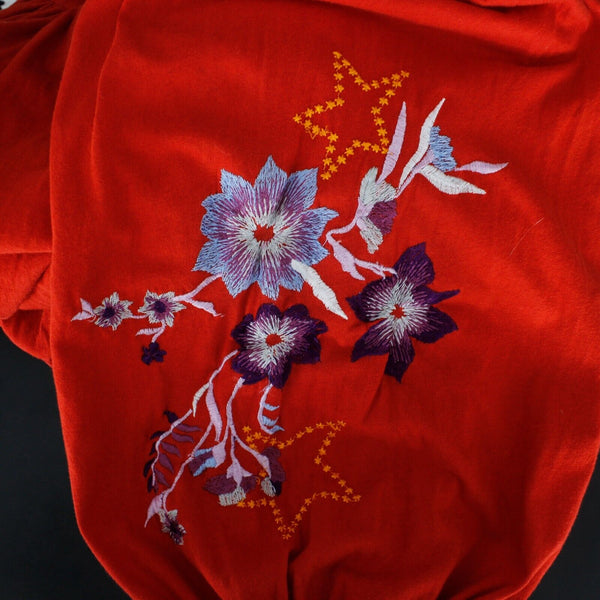 Free People Sz SP Red Purple Multi Embroidered Key Hole Boho Cotton Blend Top