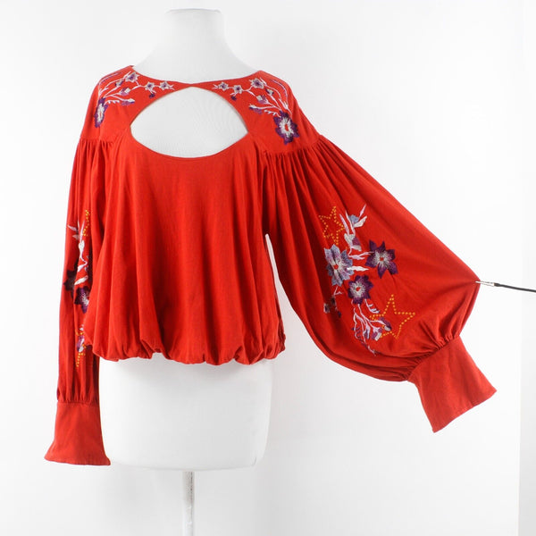 Free People Sz SP Red Purple Multi Embroidered Key Hole Boho Cotton Blend Top