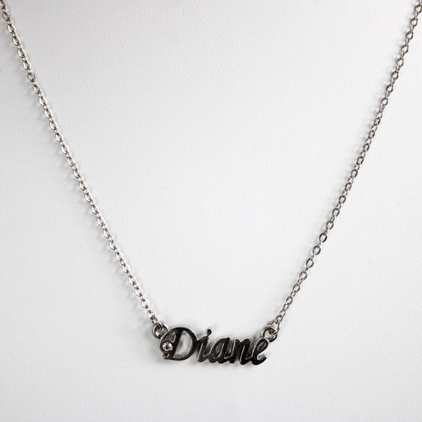 DIANE Name Silvertone Rhinestone 14.5" w 4.5" Multi Ring Ext Necklace