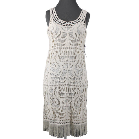 INC NEW $140 Birch Tree Sz 6 Tan Knit Under Slip Fringe Cotton Rayon Poly Dress