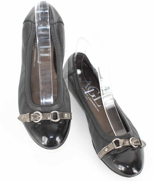 AGL Sz 38.5 Black Leather Gray Buckle Strap Sole Ballet Flats 661Z
