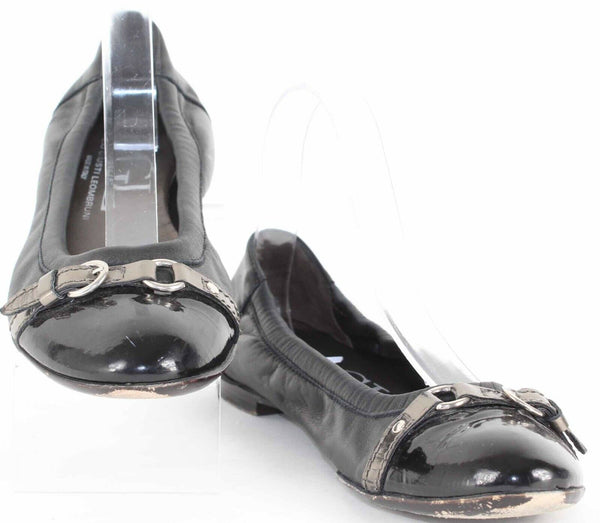 AGL Sz 38.5 Black Leather Gray Buckle Strap Sole Ballet Flats 661Z