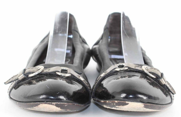 AGL Sz 38.5 Black Leather Gray Buckle Strap Sole Ballet Flats 661Z