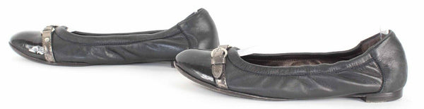 AGL Sz 38.5 Black Leather Gray Buckle Strap Sole Ballet Flats 661Z