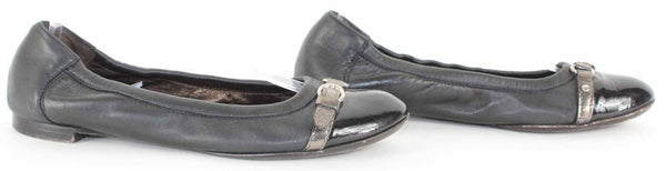 AGL Sz 38.5 Black Leather Gray Buckle Strap Sole Ballet Flats 661Z