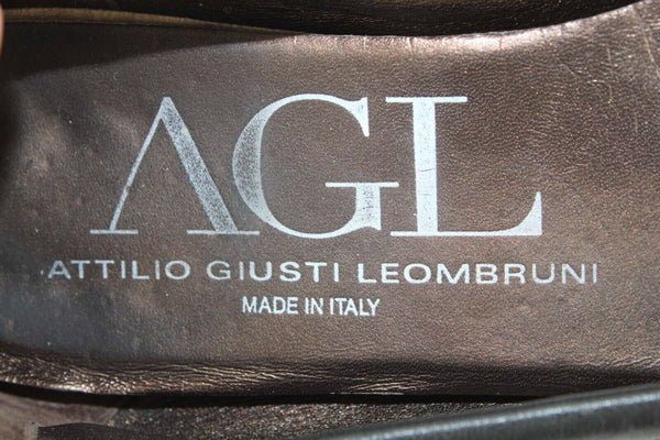 AGL Sz 38.5 Black Leather Gray Buckle Strap Sole Ballet Flats 661Z