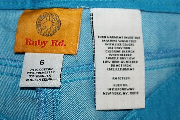Ruby Rd Sz 6 x 18 Blue Rhinestone Pockets Cotton Blend Crop Jean Pant