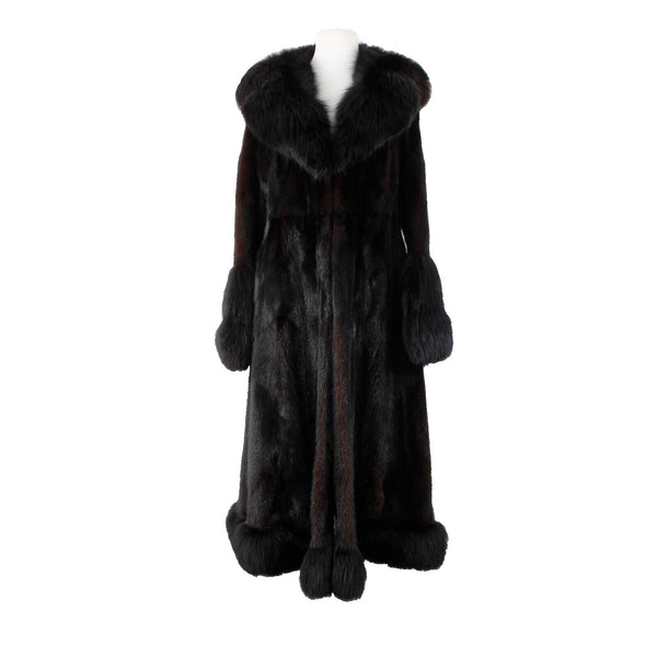 Oleg Cassini Black Mink w Fox Shawl Collar Sleeve Hem Trimmed Luxe Fur Coat
