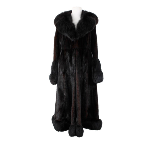 Oleg Cassini Black Mink w Fox Shawl Collar Sleeve Hem Trimmed Luxe Fur Coat