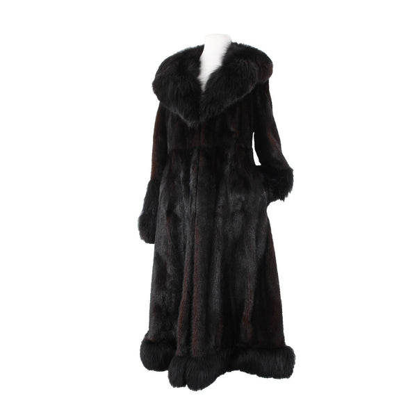 Oleg Cassini Black Mink w Fox Shawl Collar Sleeve Hem Trimmed Luxe Fur Coat