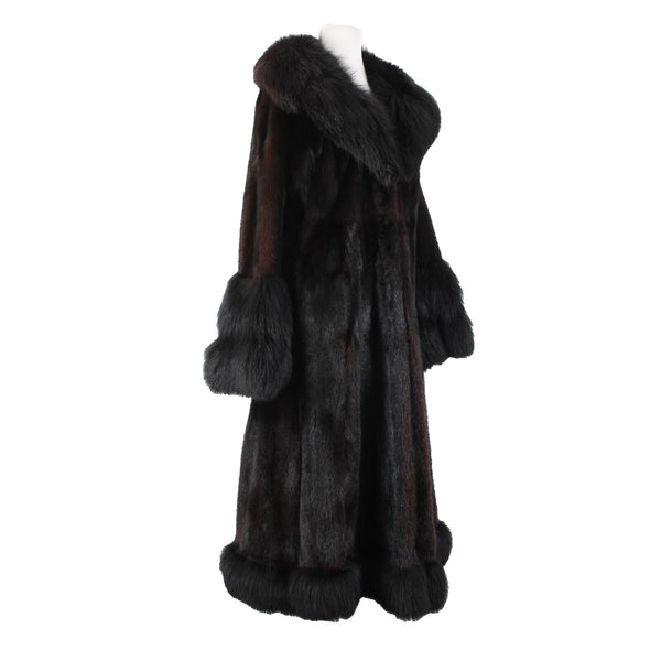 Oleg Cassini Black Mink w Fox Shawl Collar Sleeve Hem Trimmed Luxe Fur Coat