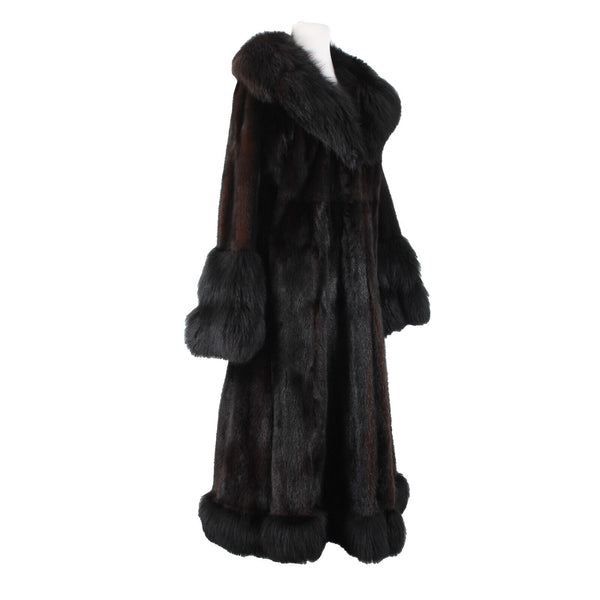 Oleg Cassini Black Mink w Fox Shawl Collar Sleeve Hem Trimmed Luxe Fur Coat