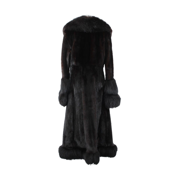 Oleg Cassini Black Mink w Fox Shawl Collar Sleeve Hem Trimmed Luxe Fur Coat