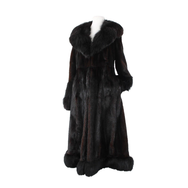 Oleg Cassini Black Mink w Fox Shawl Collar Sleeve Hem Trimmed Luxe Fur Coat