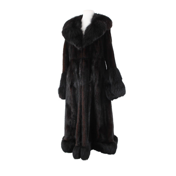 Oleg Cassini Black Mink w Fox Shawl Collar Sleeve Hem Trimmed Luxe Fur Coat