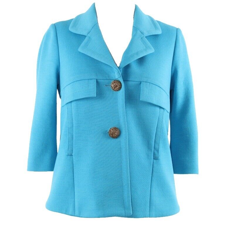 Smythe Sz 2 Aqua Blue Gold Button Pocketed Polyester Blend Knit Jacket
