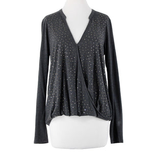 Michael Stars Sz OS Dark Gray Rhinestones V Neck Hi Lo Rayon Polyester Top
