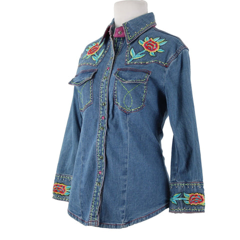 Vintage Collection NEW Sz M Blue Denim MultiColor Embroidered Studded Cotton Top