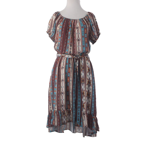 Cowgirl Legend Dress Sz L Brown Blue Multi Colored Belted 100% Polyester Dress