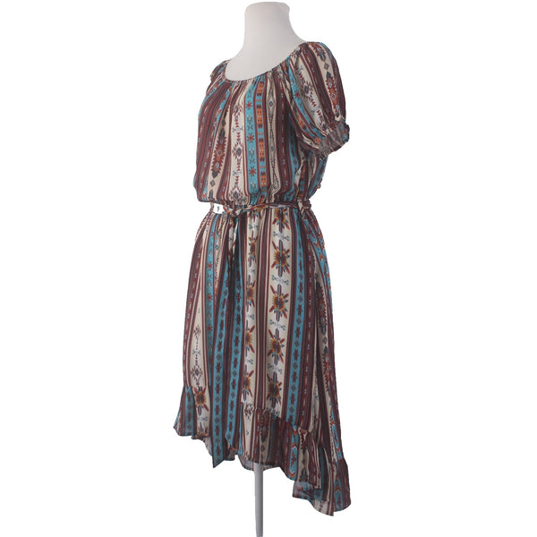 Cowgirl Legend Dress Sz L Brown Blue Multi Colored Belted 100% Polyester Dress