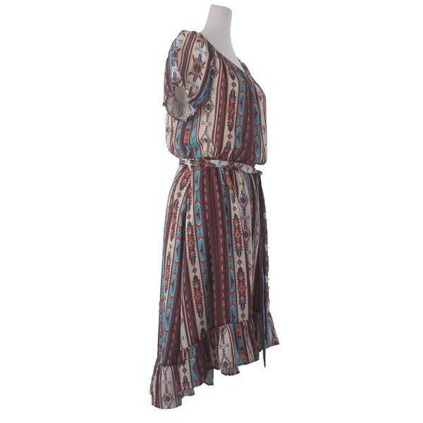 Cowgirl Legend Dress Sz L Brown Blue Multi Colored Belted 100% Polyester Dress