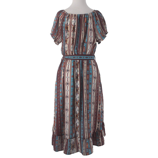 Cowgirl Legend Dress Sz L Brown Blue Multi Colored Belted 100% Polyester Dress