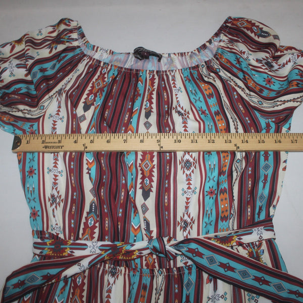Cowgirl Legend Dress Sz L Brown Blue Multi Colored Belted 100% Polyester Dress