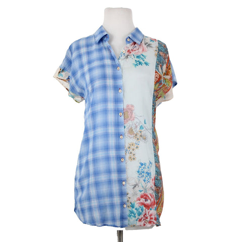 Johnny Was Workshop Sz M Blue White Multi Color Floral Collared Cotton Poly Top