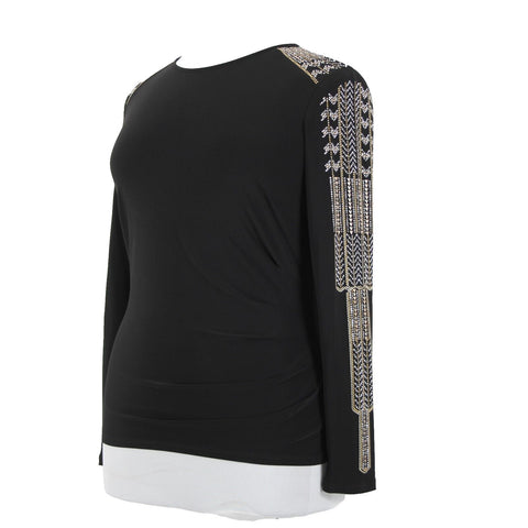 Frank Lyman Design Sz 14 Black Gold Silver Studded No Fabric Label Art Deco Top