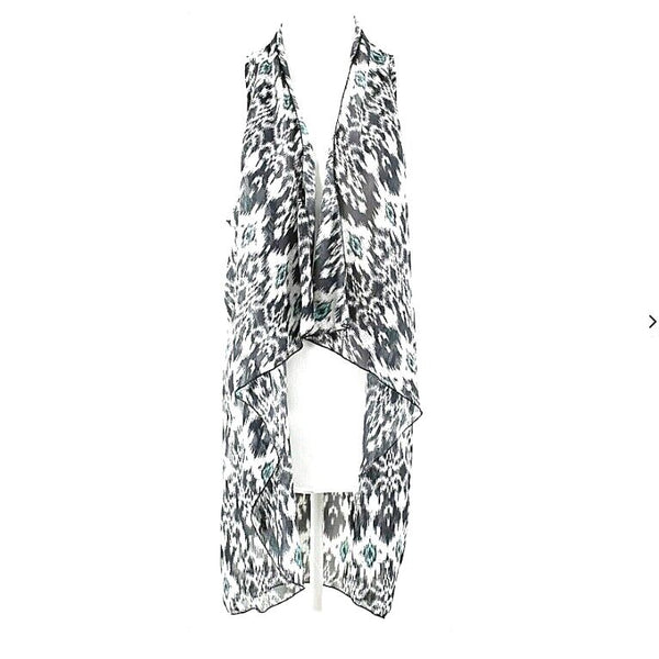 About A Girl NEW Sz L White Black Aqua Open Cascade Front 100% Poly Vest