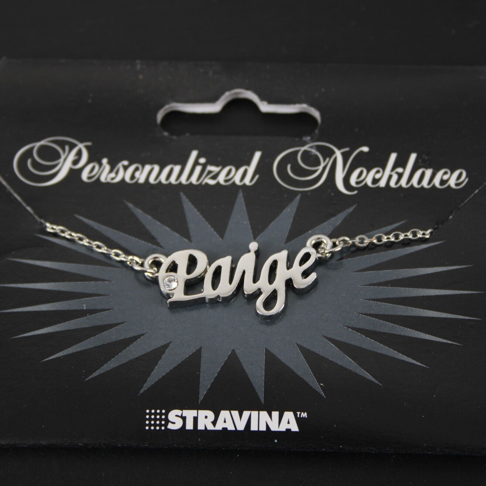 PAIGE Name Silvertone Rhinestone 14.5" w 4.5" Multi Ring Ext Necklace