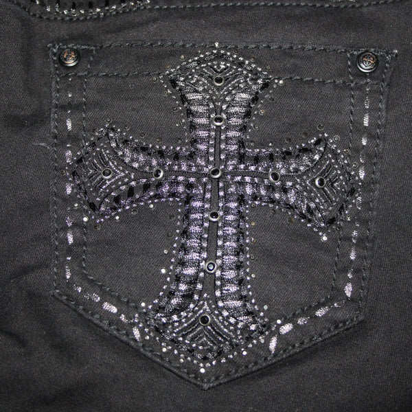 Grace In LA Easy Fit Sz 28 x 29 Black Rhinestones Cross Embroidered Cotton Jeans