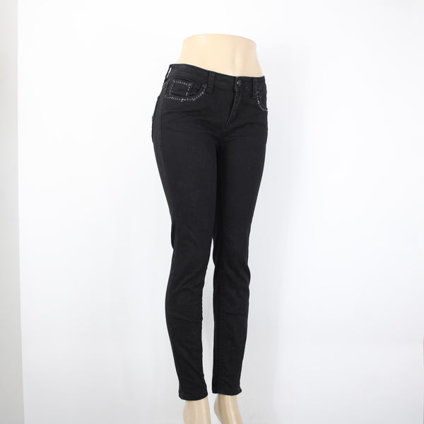 Grace In LA Easy Fit Sz 28 x 29 Black Rhinestones Cross Embroidered Cotton Jeans