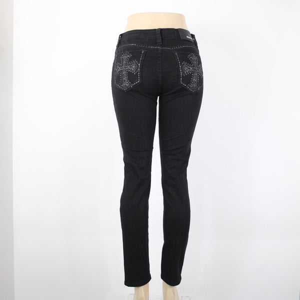 Grace In LA Easy Fit Sz 28 x 29 Black Rhinestones Cross Embroidered Cotton Jeans