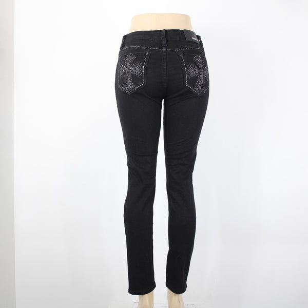 Grace In LA Easy Fit Sz 28 x 29 Black Rhinestones Cross Embroidered Cotton Jeans