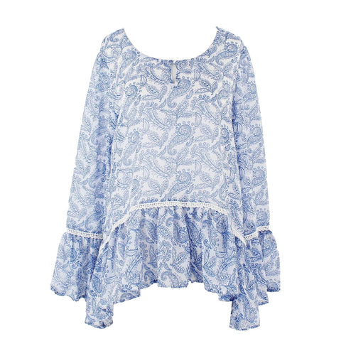 Stitch & Lace Sz S Blue White Sheer Hi Lo Ruffle Sleeve Peplum All Poly Top