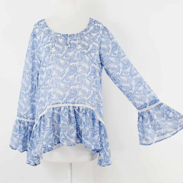Stitch & Lace Sz S Blue White Sheer Hi Lo Ruffle Sleeve Peplum All Poly Top