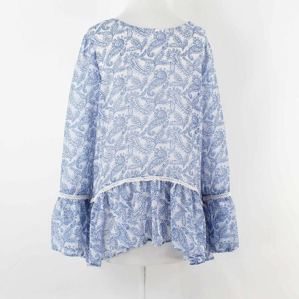 Stitch & Lace Sz S Blue White Sheer Hi Lo Ruffle Sleeve Peplum All Poly Top