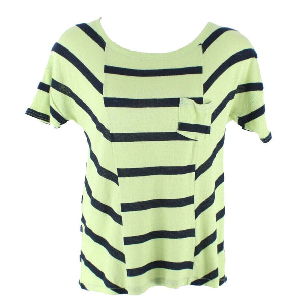 9H15 STCL Sz S Lime Navy Blue Stripe Back Button Detail Linen Cotton Knit Top