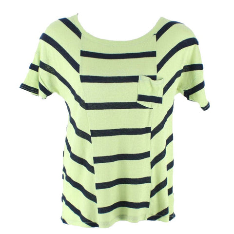 9H15 STCL Sz S Lime Navy Blue Stripe Back Button Detail Linen Cotton Knit Top