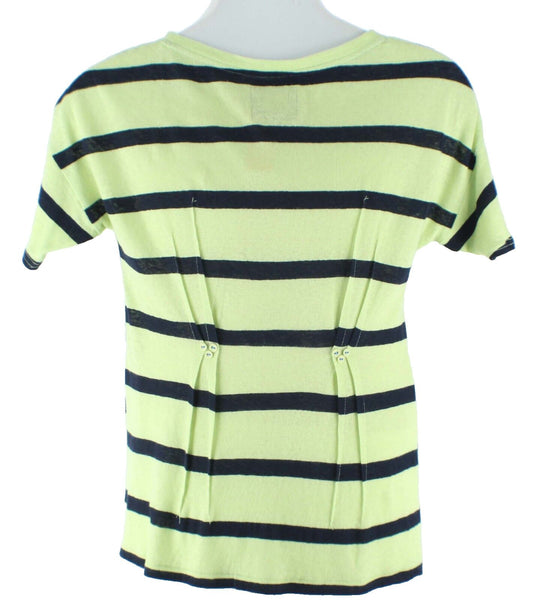 9H15 STCL Sz S Lime Navy Blue Stripe Back Button Detail Linen Cotton Knit Top